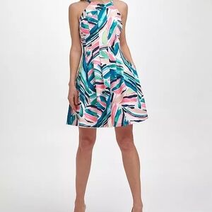 Sleeveless Abstract Print Halter Dress - Pink & Teal
